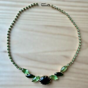 VTG MCM 1950s Necklace 14.5 Inch Green Rhinestone Emerald Glass Cabs Gold Plated
